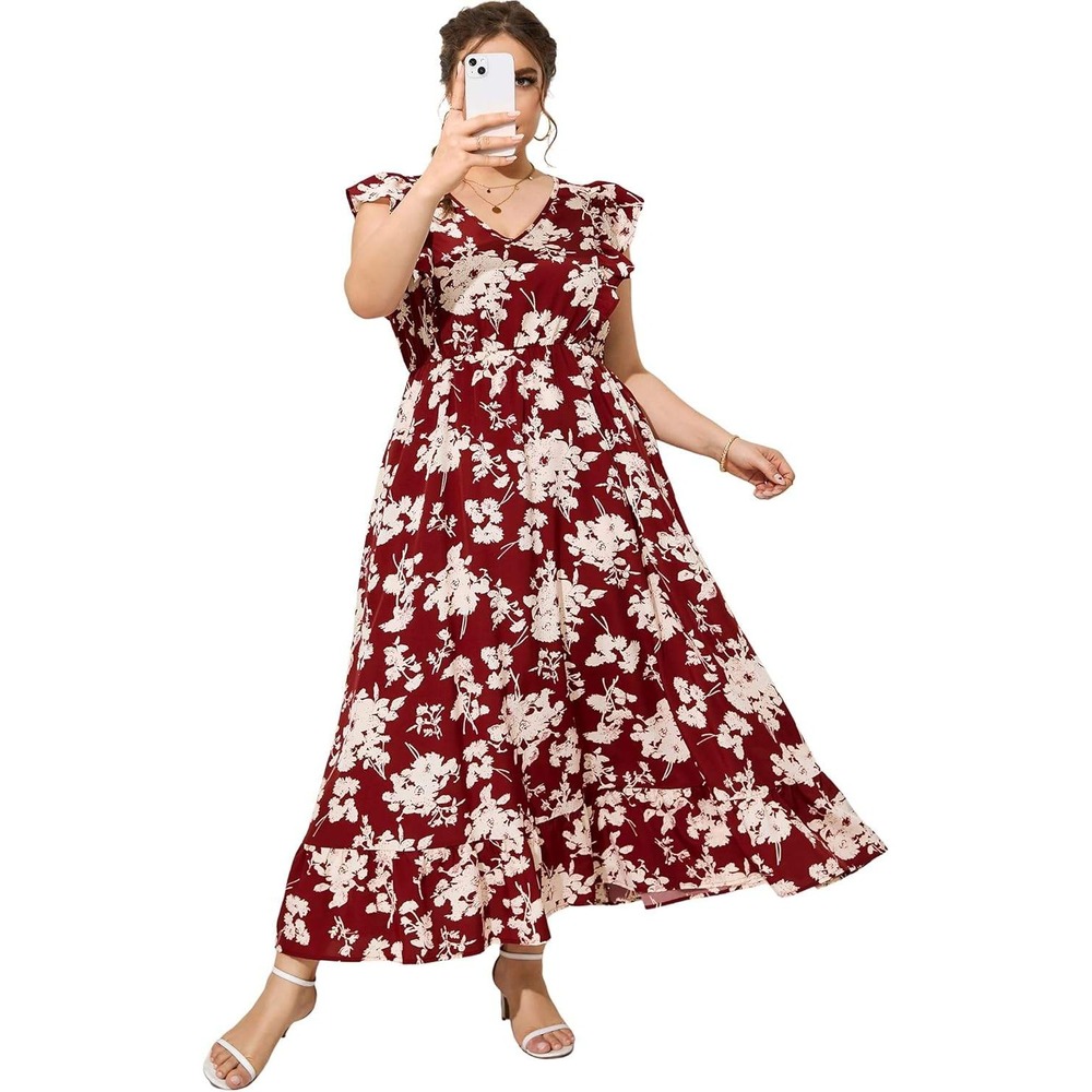 KOJOOIN Summer‎ Dress w/Ruffle Cap Sleeve V Neck Side Split Long Beach Maxi